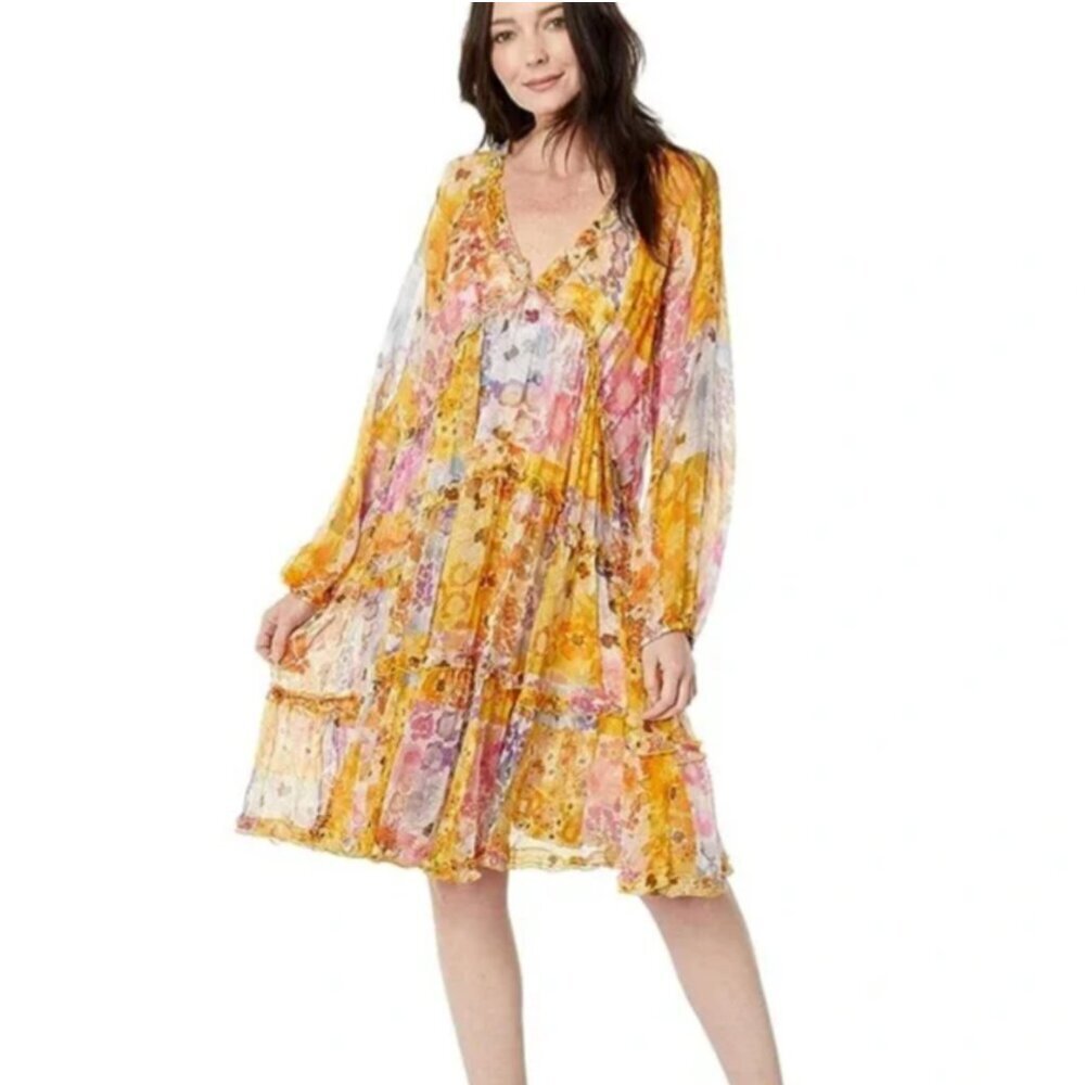 Johnny Was Renee Tiered Ruffle Mini Dress 100% Silk Floral Boho Yellow - Small